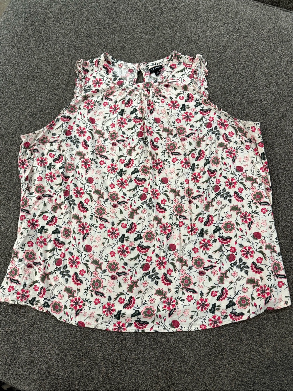 Torrid Sleeveless Floral Ruffle-Trim Top - White with Pink & Green